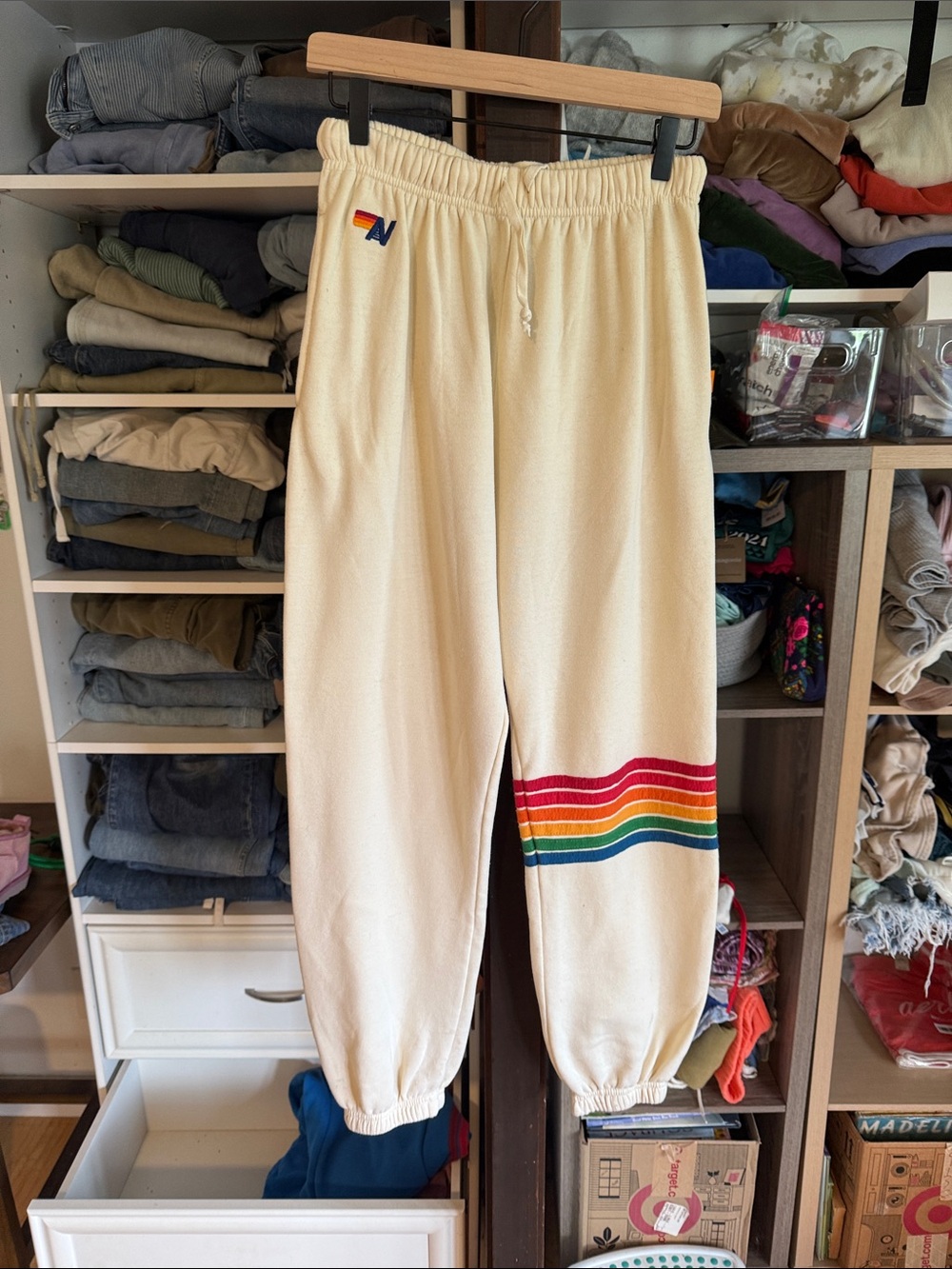 Aviator Nation Cream Sweatpants with Rainbow Stripe